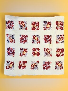 VTG Fruit & Floral Red/Blue/Yellow Squares Cotton Muslin MCM Tablecloth 36x36